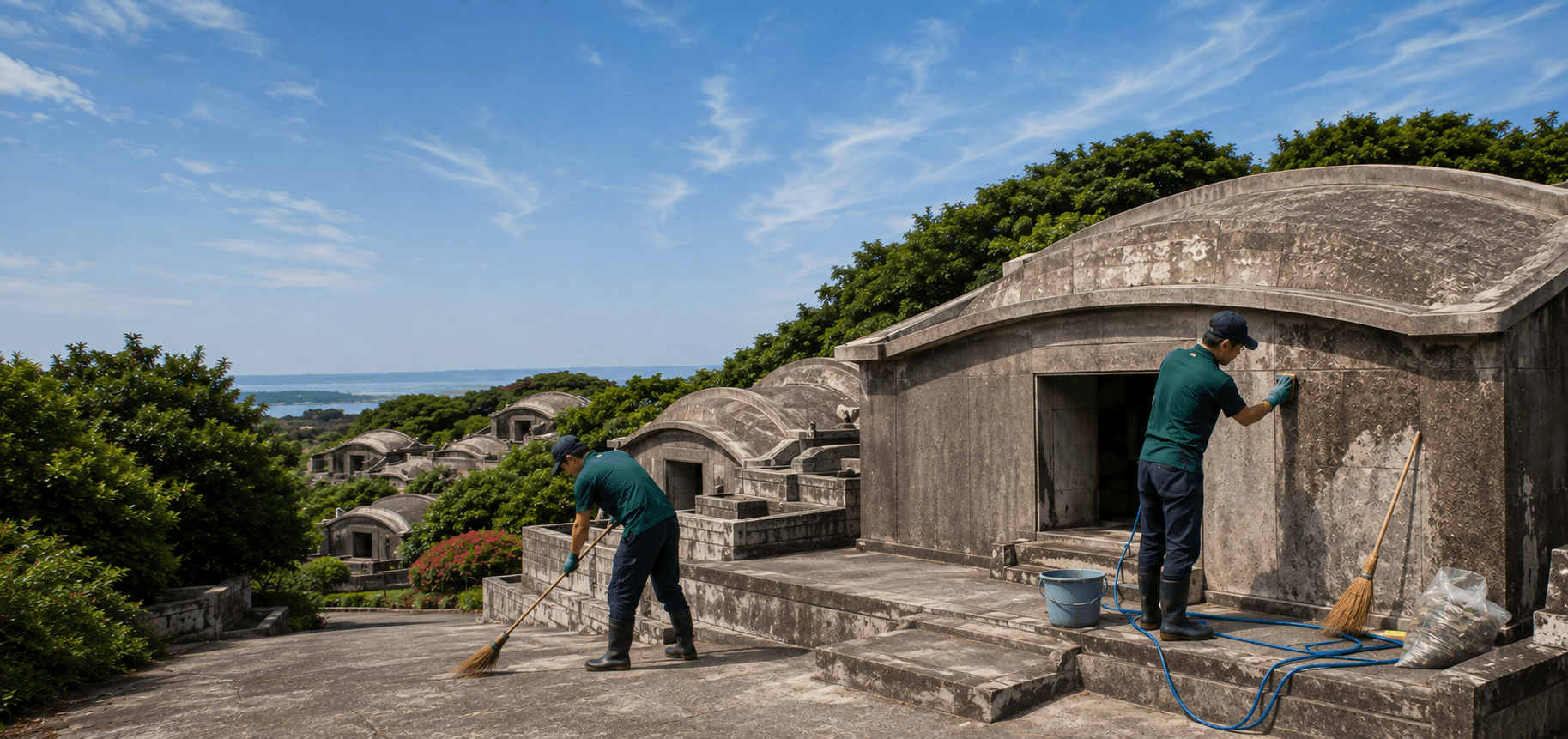 沖縄本島でお墓(亀甲墓)を清掃する琉球清掃の作業員
